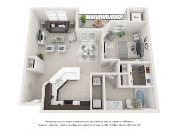 Floor plan for 1 bed, 1 bath, 755 sqft
